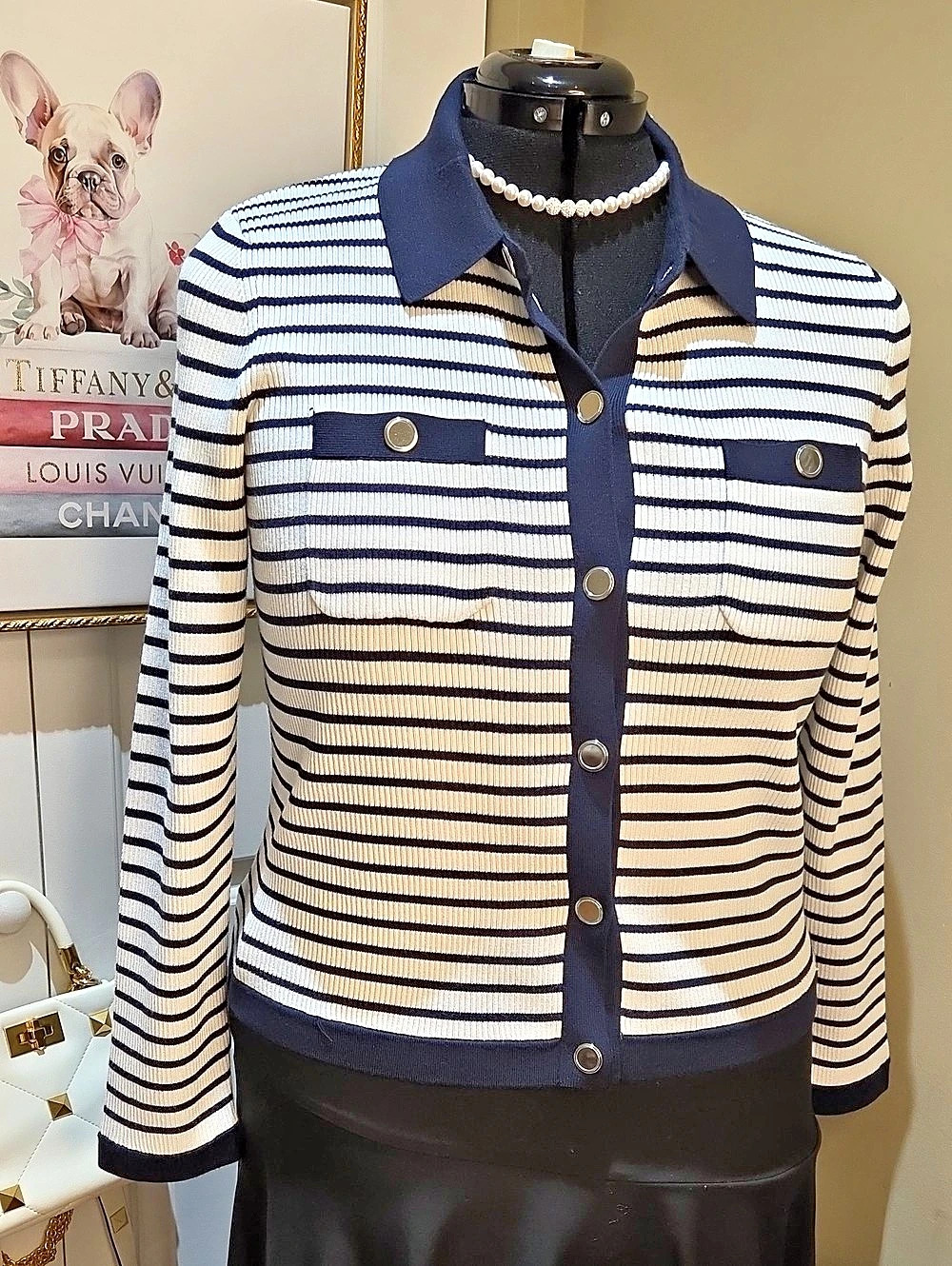 Nwt XL Elie Tahari Striped Cardigan in White & Dark Navy BUTTON/ CLIPS DOWN